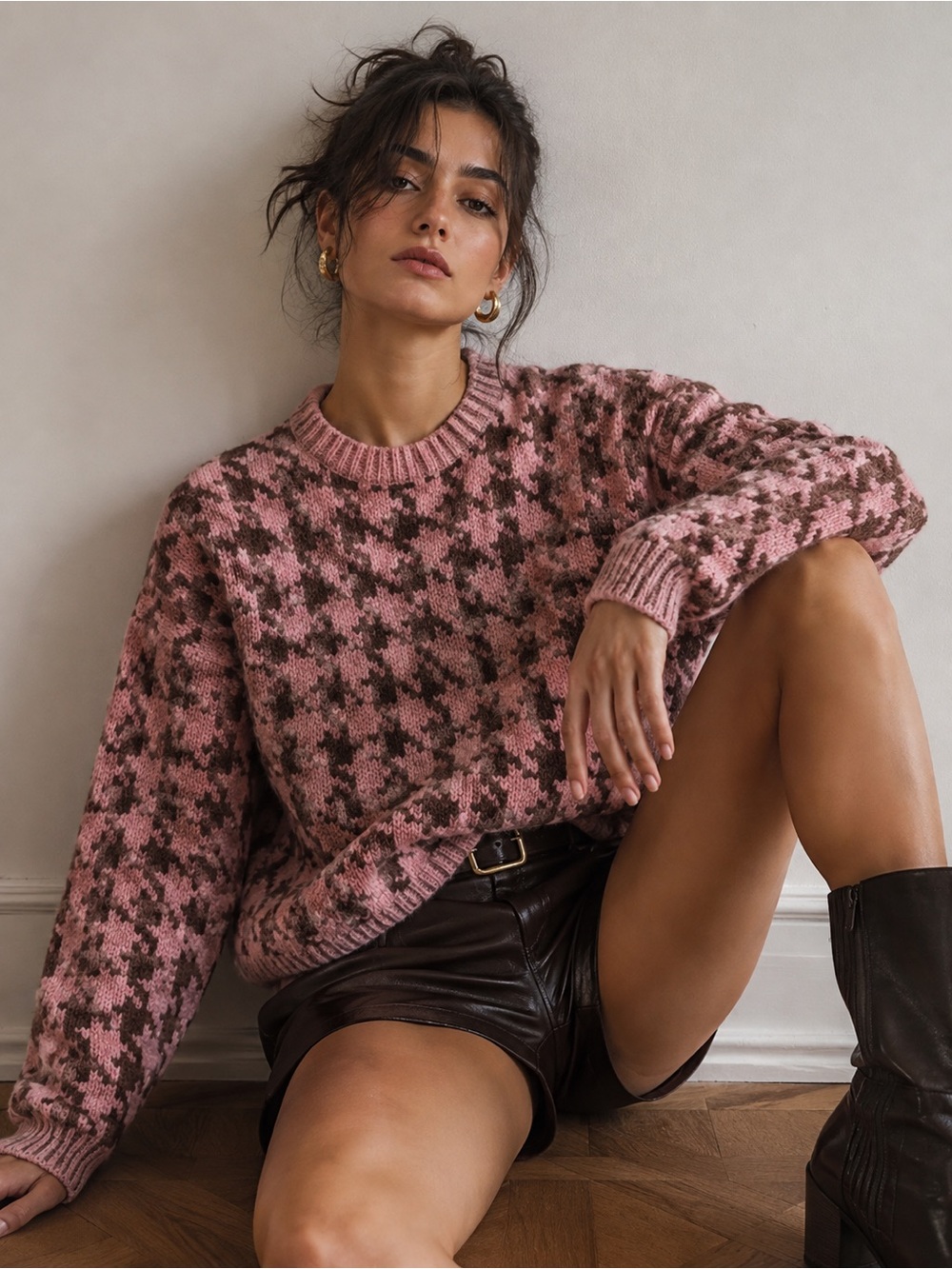Zara Pink & Brown Houndstooth Crewneck Sweater